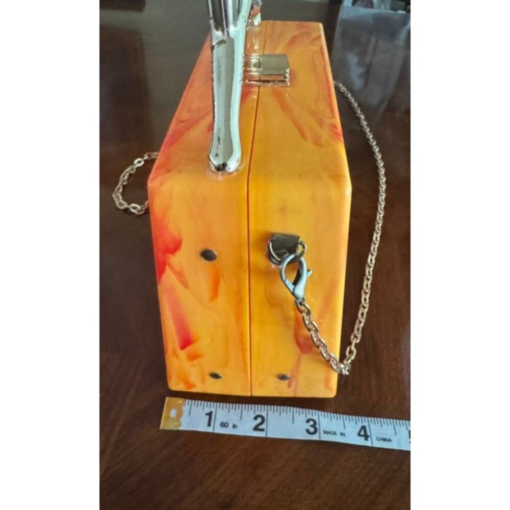 Orange Marbled Panther Handle Box Clutch Minaudiere Chain Purse - Picture 6 of 12
